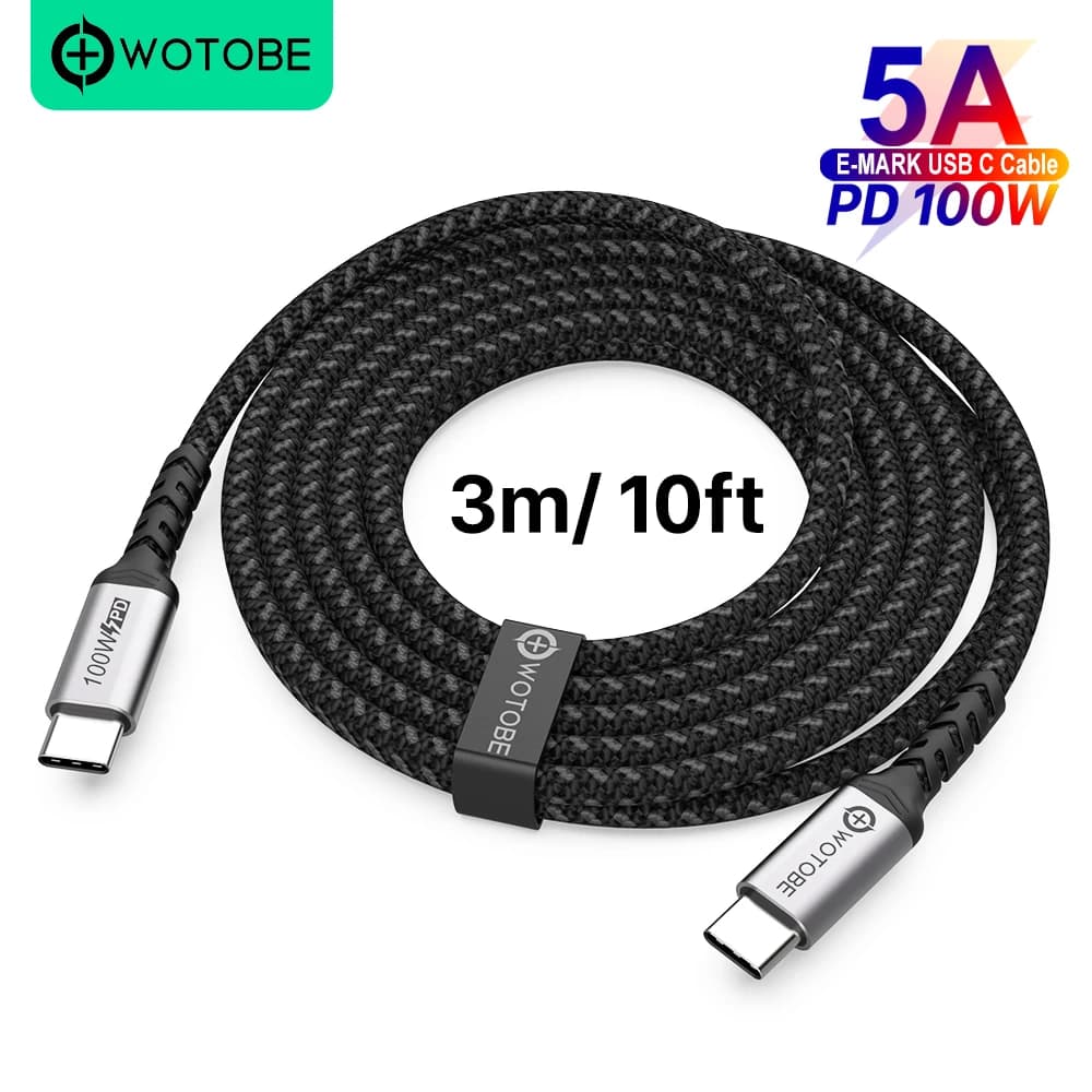 USB-C-auf-USB-C-Kabel, 3 m, 100 W, WOTOBE lang, 3 m lang, USB Typ C, 5 A, E-Mark, schnelles Aufladen, geflochtenes Nylonkabel, kompatibel mit MacBook Pro iPad