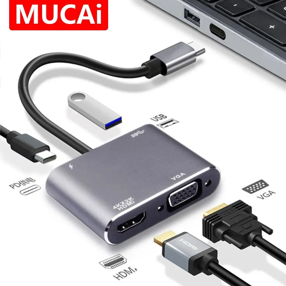 USB C HUB Adapter 4-in-1 mit USB 3.0 HDMI VGA für MacBook Nintendo Samsung Huawei Xiaomi Laptop Desktop Computer