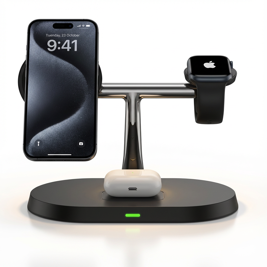 3-in-1 Kabellose Ladestation (15W) für iPhone, Apple Watch & AirPods – Faltbar, Schnellladen, Nachtlicht