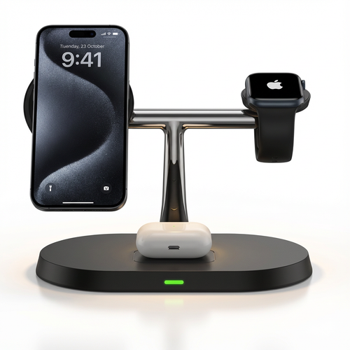3-in-1 Kabellose Ladestation (15W) für iPhone, Apple Watch & AirPods – Faltbar, Schnellladen, Nachtlicht