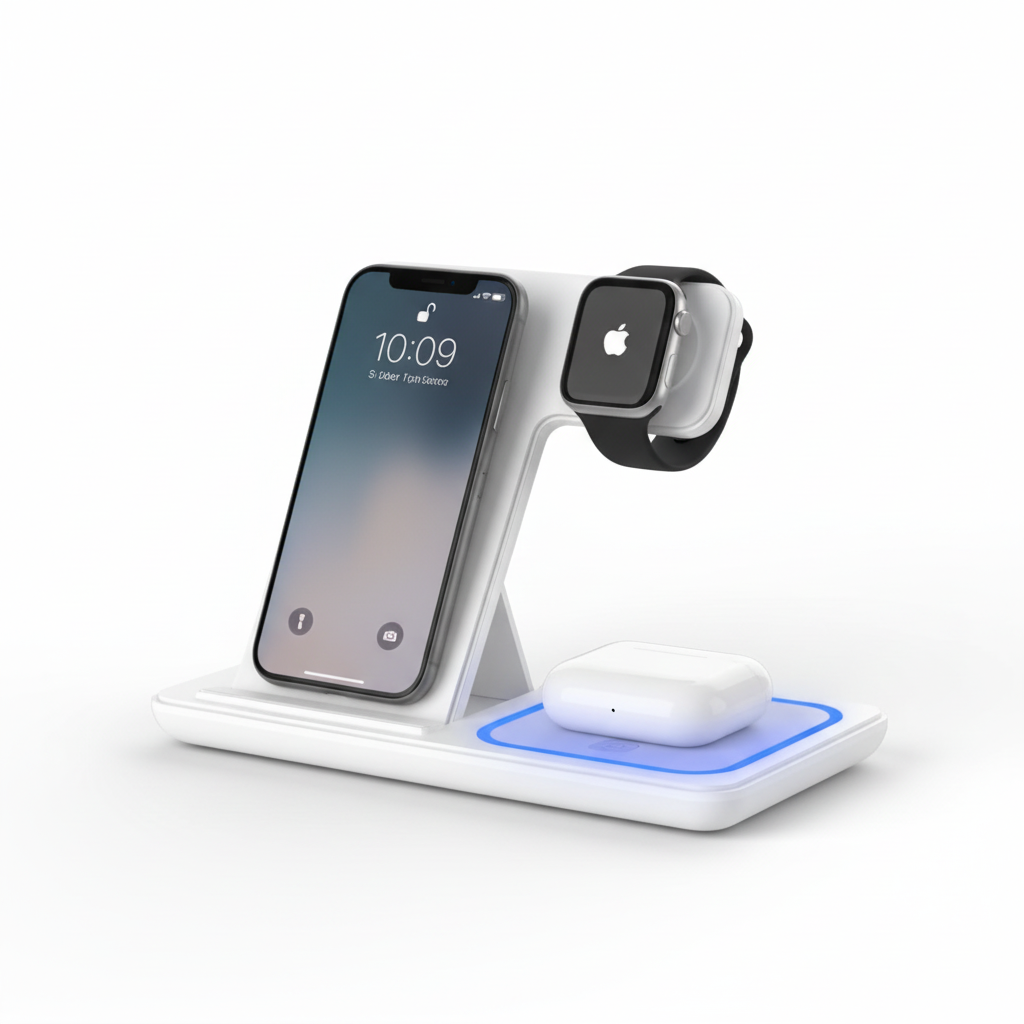 3-in-1 Kabellose Ladestation (15W) für iPhone + Apple Watch + AirPods – Faltbarer Stand mit Nachtlicht